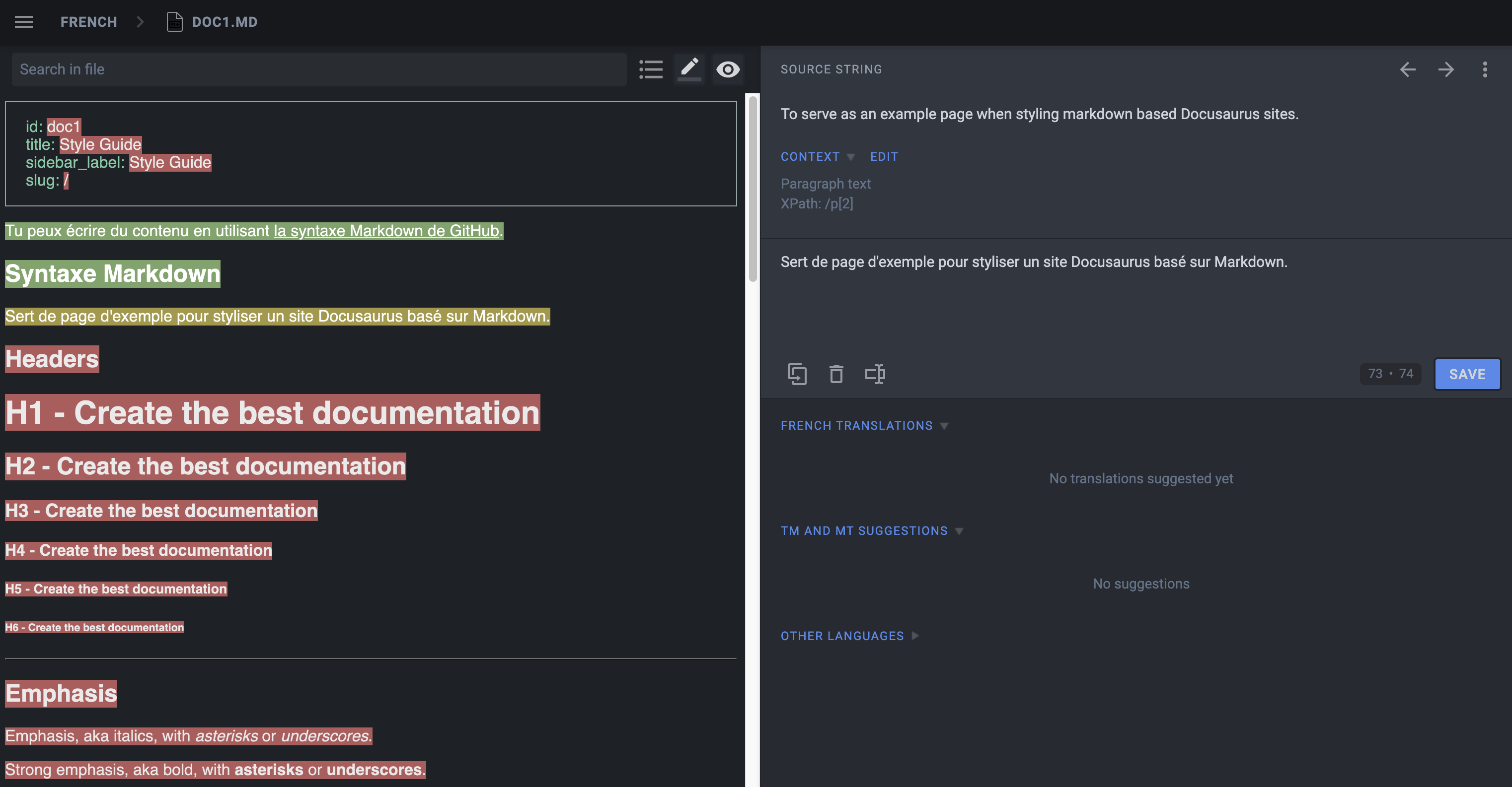 Crowdin UI to translate a Markdown file